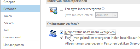 Tabblad Personen in het dialoogvenster Opties, waarbij Onlinestatus weergeven is gemarkeerd