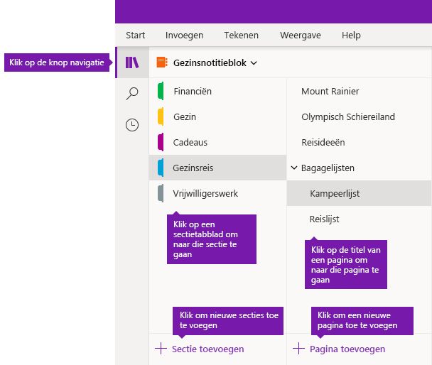 Secties en pagina's in OneNote voor Windows 10