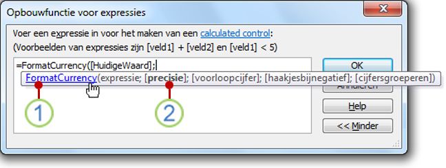 De syntaxisinfo voor een functie.