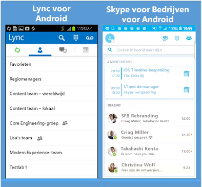 Schermafbeeldingen naast elkaar van Lync en Skype voor Bedrijven