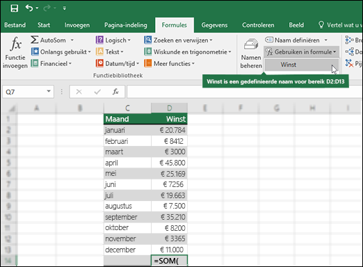 Klik op Gebruiken in formule als u een gedefinieerde naam aan een formulesyntaxis wilt toevoegen