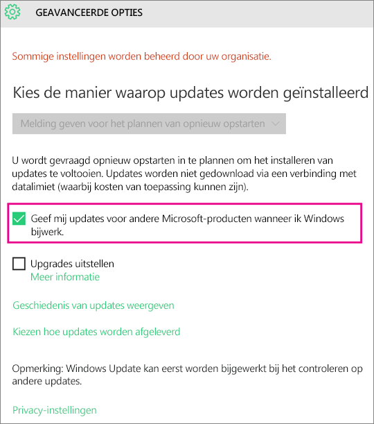 Opties in Windows Update geavanceerd