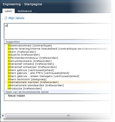 Suggesties voor tekst aanvullen tijdens typen in het dialoogvenster Sociaalnetwerklabel