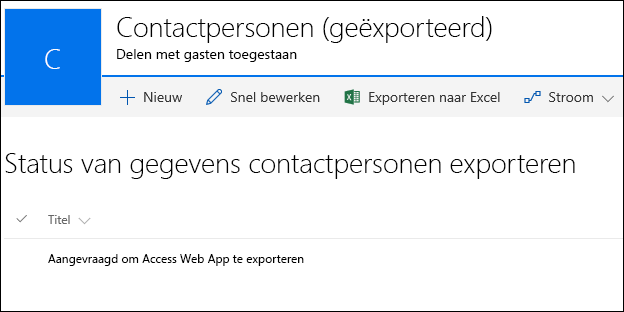 SharePoint-lijst met record met de titel Aanvraag om Access-web-app te exporteren