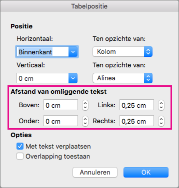 Stel de ruimte in tussen de geselecteerde tabel en de hoofdtekst onder Afstand tot omliggende tekst.