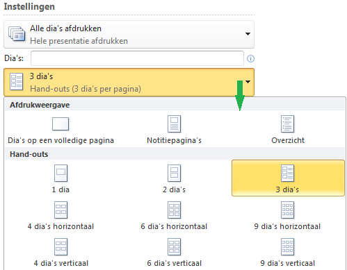 De indeling voor het afdrukken van hand-outs