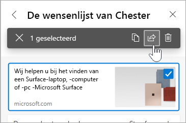 Schermopname van het selectievakje en de knop Delen