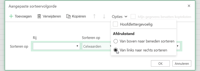 Het open menu Opties van Aangepast sorteren waarin van links naar rechts sorteren is geselecteerd