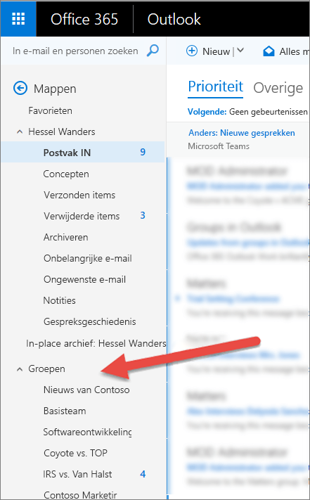 U vindt uw groepen in het navigatiedeelvenster aan de linkerkant in Outlook of de webversie van Outlook