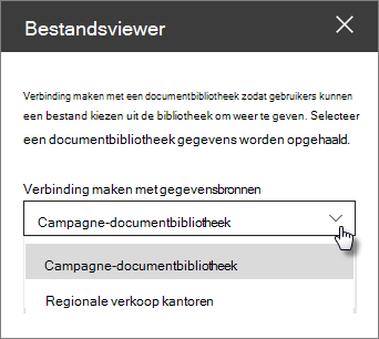 Eigenschappenvenster bestandsviewer met vervolgkeuzelijst Verbinding maken met bron