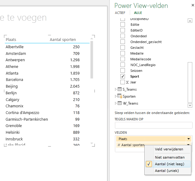 Het aantal sporten weergeven in plaats van de namen