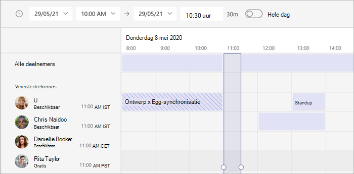 Schermopname van de tijdzoneweergave van planningsassistent in Teams