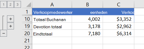 Overzicht van lijst met alleen de totaalrijen