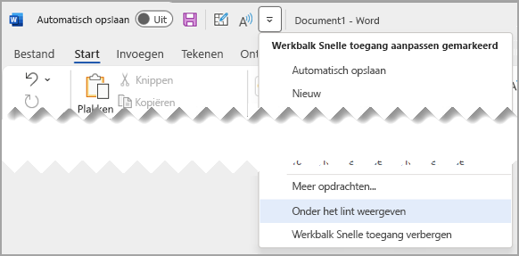 Vervolgmenu Werkbalk Snelle toegang Weergeven boven de werkbalk