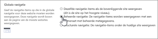 Instellingen voor globale navigatie met beheerde navigatie geselecteerd