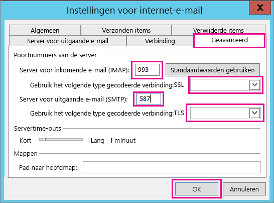 Voer de geavanceerde instellingen voor e-mail in.