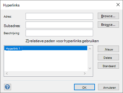 Definieer de hyperlink voor een shape in het dialoogvenster Hyperlinks.