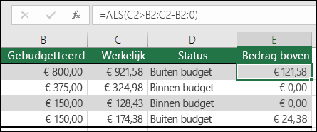 De formule in cel E2 is =ALS(C2>B2,C2-B2,"")