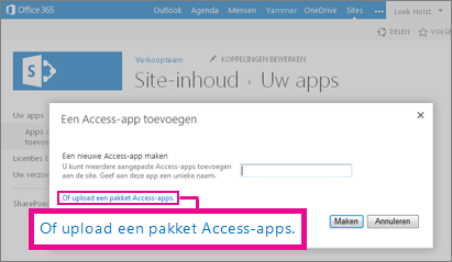 Het pakket van een Access-app uploaden naar de pagina Een app toevoegen op een SharePoint-site