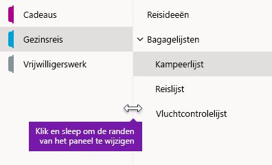 Het formaat wijzigen van de navigatiedeelvensters in OneNote voor Windows 10