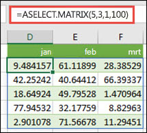 De functie ASELECT.MATRIX met argumenten voor minimum, maximum en decimalen