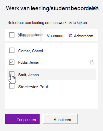 Schakel het selectievakje in om de pagina van een afzonderlijke leerling/student te vergrendelen.