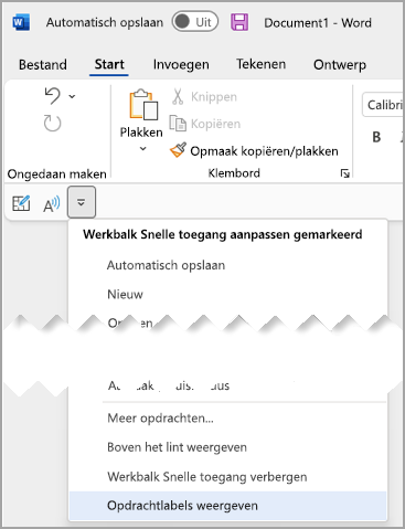 Vervolgkeuzelijst Werkbalk Snelle toegang selecteer Opdrachtlabels weergeven