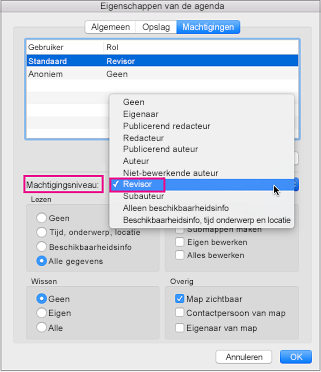 Dialoogvenster Agendamachtigingen met revisormachtiging gemarkeerd