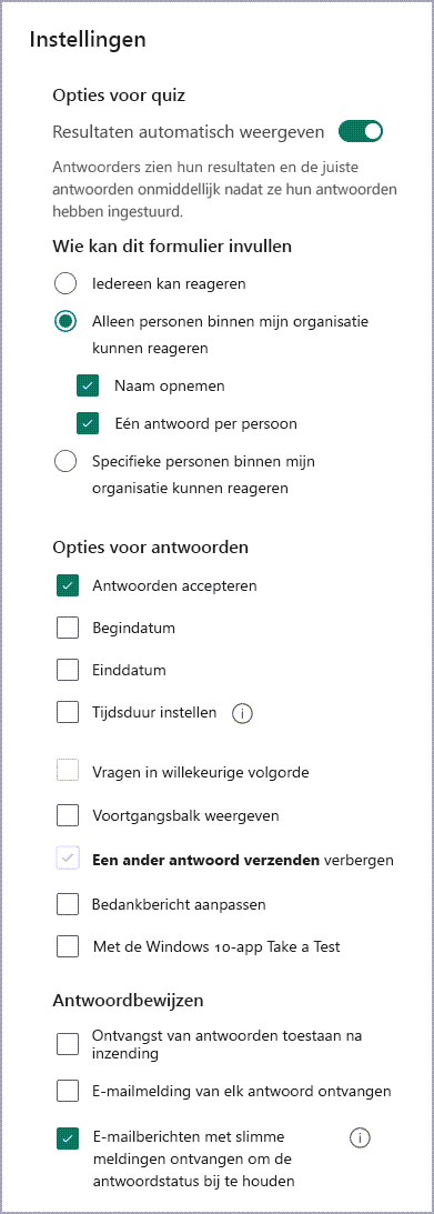 instellingenscherm om formuliermeldingen in en uit te schakelen