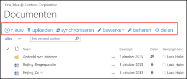 Gebruik de balk met snelle opdrachten in Office 365 om activiteiten te starten in OneDrive voor Bedrijven of de documentbibliotheek van een SharePoint Online-teamsite..