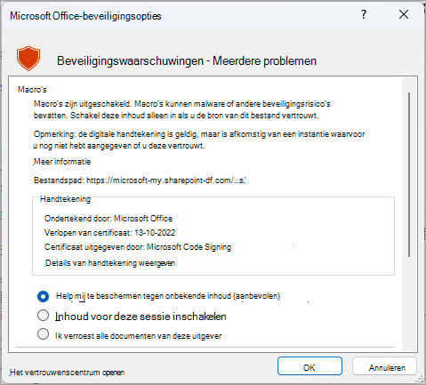 Het dialoogvenster Beveiligingswaarschuwing vanuit Microsoft Excel