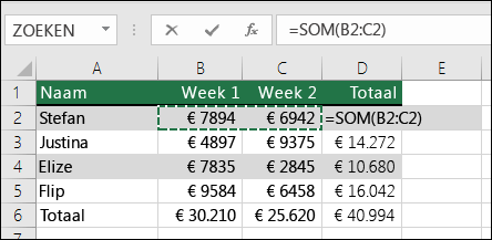 Cel D2 bevat de SOM-formule die is gemaakt met AutoSom: =SOM(B2:C2)