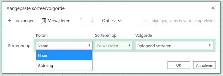 Dialoogvenster Aangepast sorteren met de kolom sorteren op rij geselecteerd in de kolom 'Naam'