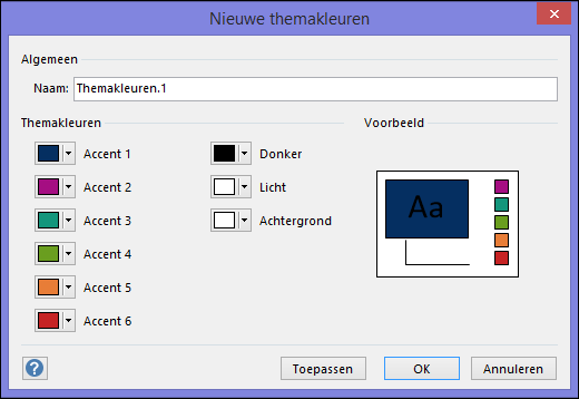 Schermafbeelding met het dialoogvenster Nieuwe themakleuren maken in Visio