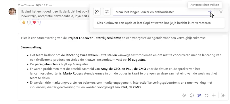 Aangepaste herschrijfbewerking van een bericht met behulp van Copilot in Microsoft Teams-chat.