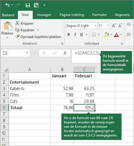 Wanneer u een formule kopieert, worden de celverwijzingen automatisch bijgewerkt