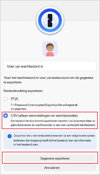 Het dialoogvenster Bestand exporteren van 1Password.