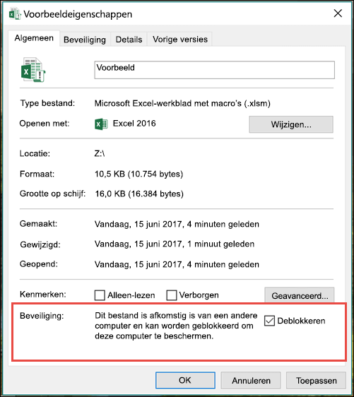 Klik in Windows Verkenner met de rechtermuisknop op het bestand om de macro's te ontgrendelen.