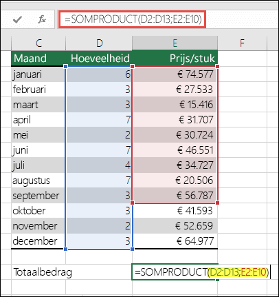 De SOMPRODUCT-formule die een fout veroorzaakt is =SOMPRODUCT(D2:D13;E2:E10): E10 moet worden gewijzigd in E13, zodat dit overeenkomt met het eerste bereik.