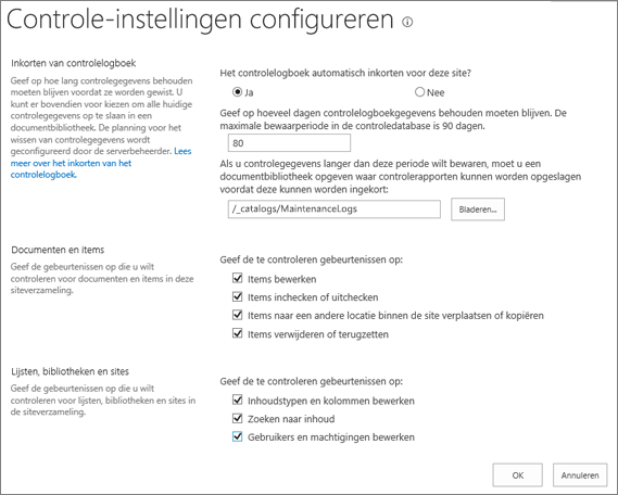 Scherm controle-instellingen voor siteverzameling