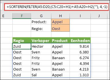 FILTER en SORTEREN samen - filteren op Product (Apple) of de regio (Oost)