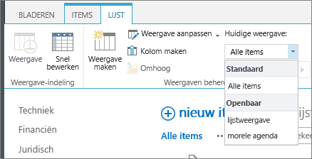 Vervolgkeuzelijst met de huidige lijstweergaven