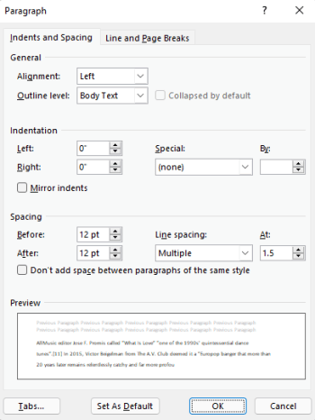 Dialoogvenster Alinea in Outlook.