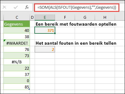 Gebruik matrices om fouten te corrigeren. Met =SOM(ALS(ISFOUT(Gegevens),"'',Gegevens) wordt bijvoorbeeld het bereik met de naam Gegevens opgeteld, zelfs als het fouten bevat, zoals #VALUE! of #NA!.