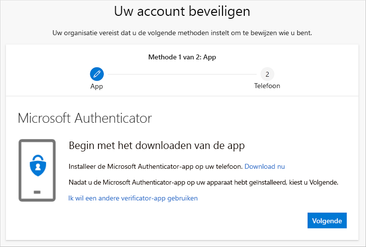 De wizard Uw account veilig houden, die de downloadpagina van de Authenticator-app weergeeft.