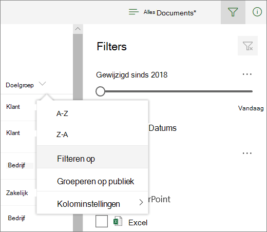 Klik op Filteren op om het filtervenster te openen