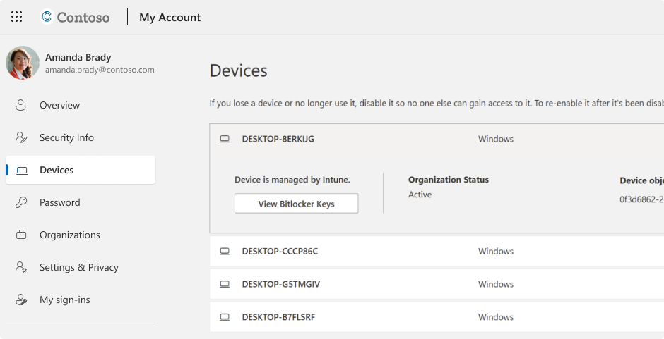 Schermopname van de BitLocker-herstelsleutels voor een werk- of schoolaccount.