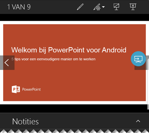 Hoewel de dia's op de grote monitor op volledig scherm worden weergegeven, ziet u op uw telefoonscherm de Weergave voor presentator met notities en navigatieknoppen