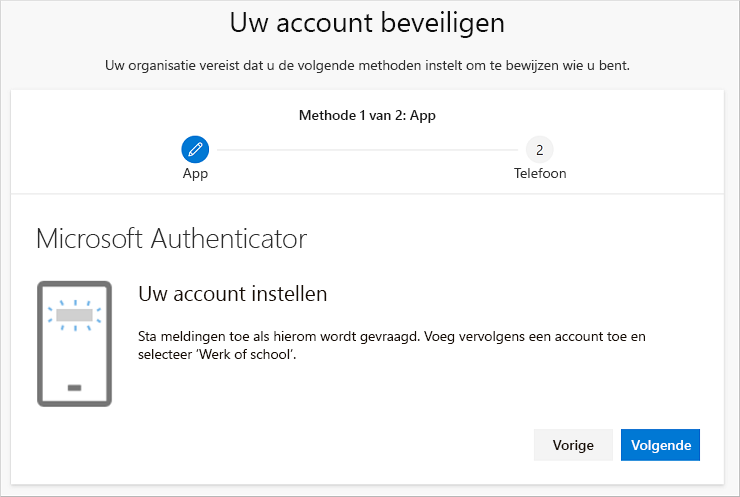 De wizard Uw account veilig houden, die de Account instellen pagina van authenticator weergeeft