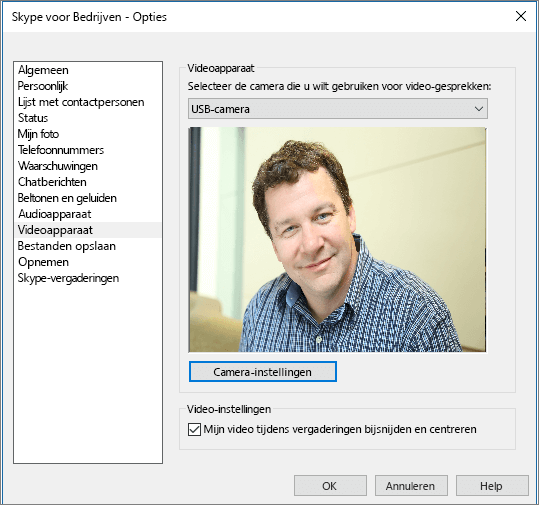Schermafbeelding van de pagina Videoapparaten in het dialoogvenster Opties van Skype voor Bedrijven.